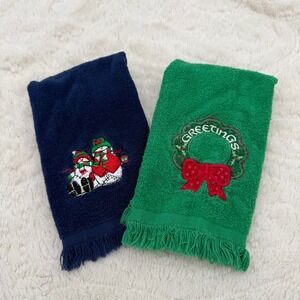 Vintage Christmas Fingertip Towel Set Snowmen Greetings Wreath Green Navy Cotton